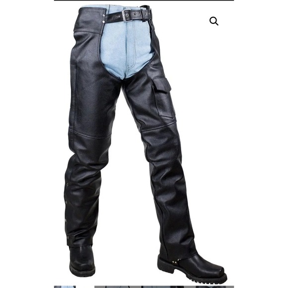 Unik Men's Black Leather Motorcycle Chaps Pants Riding Biker Chap with Pockets - Picture 1 of 11